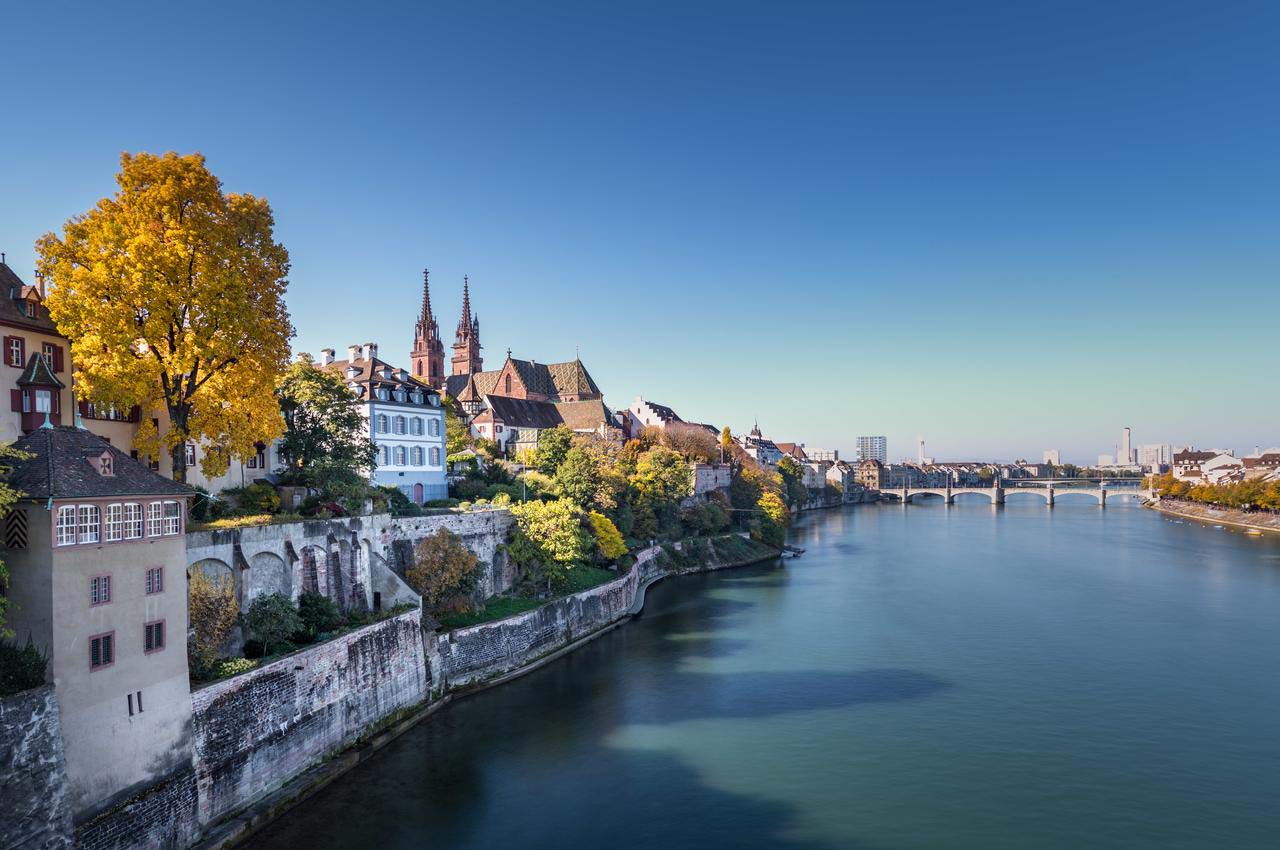 A picture of the city of Basel symbolizes Switzerland as a leading financial center