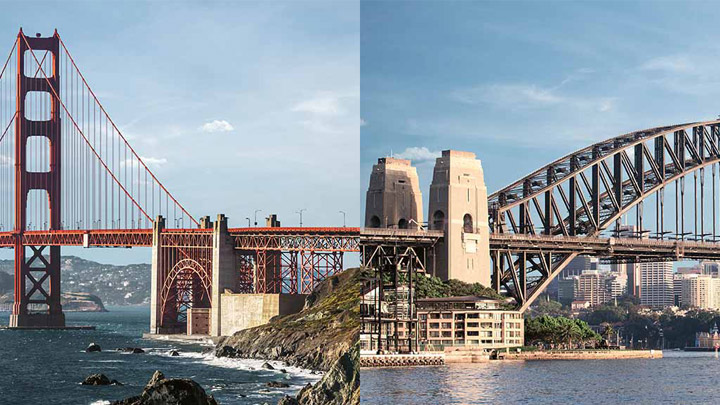 The Golden Gate Bridge and a mountain peak with a Swiss flag symbolizing the importance of a diversified investment strategy